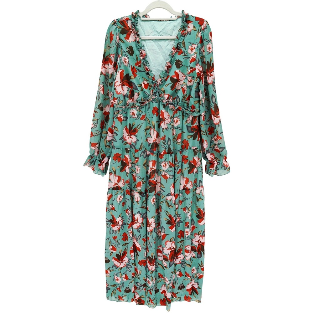 Mint Green Long Sleeve Tiered Maxi Dress V-Neck Ruffled Trim Retro Floral Lined